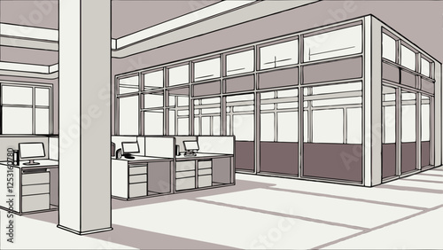 A spacious open-plan office background with sleek workstations