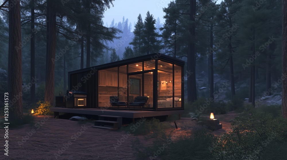 A stunning modern cabin nestled in a misty forest, illuminated with warm interior lighting, offering a serene and luxurious retreat amidst nature A stunning modern cabin nestled in a misty forest, illuminated with warm interior lighting, offering a serene and luxurious retreat amidst nature