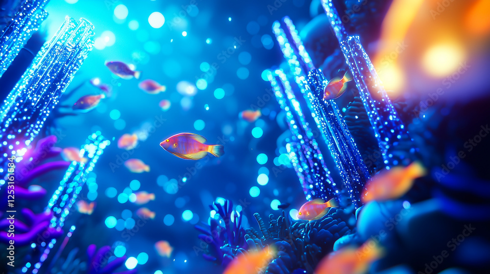 Crystalline City Rises From Ocean Floor, Illuminated by Bioluminescent Orbs and Surrounded by Schools of Vibrant Fish