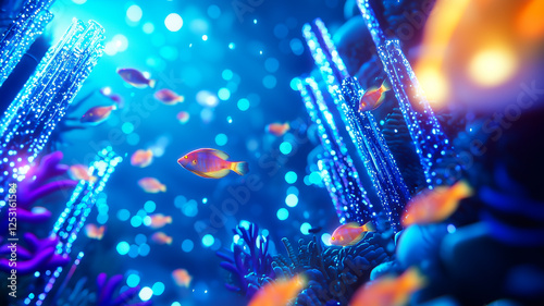 Obraz na płótnie Crystalline City Rises From Ocean Floor, Illuminated by Bioluminescent Orbs and Surrounded by Schools of Vibrant Fish w salonie