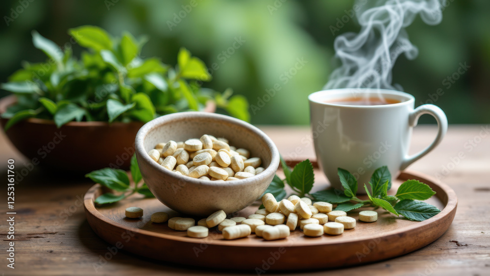 Magnesium glycinate dietary supplements displayed on a wooden tray with steam rising from a cup of tea nearby. Natural and health-conscious atmosphere. Magnesium glycinate dietary supplements displayed on a wooden tray with steam rising from a cup of tea nearby. Natural and health-conscious atmosphere.