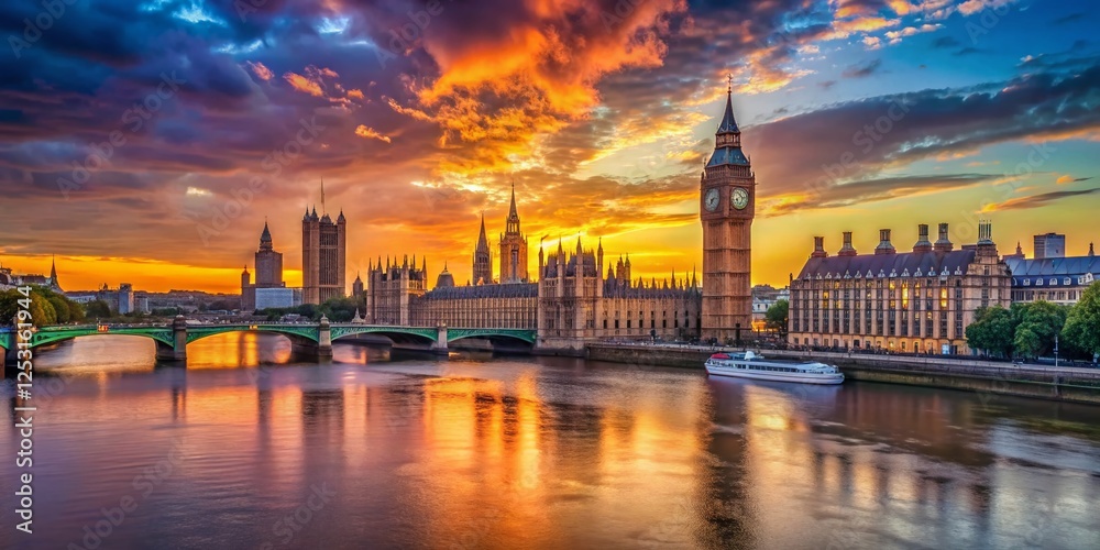 Fototapeta premium Stunning London Waterfront View: Big Ben & Thames River at Sunset