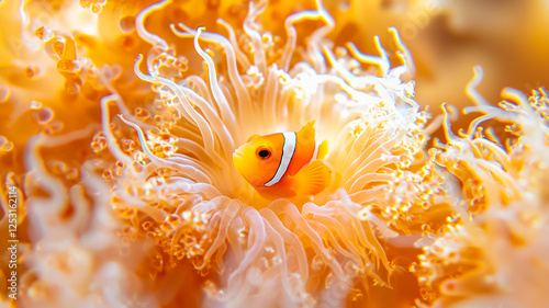 Bright Orange and White Clownfish Nestled in the Tentacles of a Sea Anemone in a Vibrant Underwater Habitat