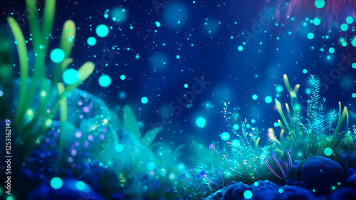 Glowing Underwater Environment Showcases Bioluminescent Plankton and Vibrant Coral Life at Dusk