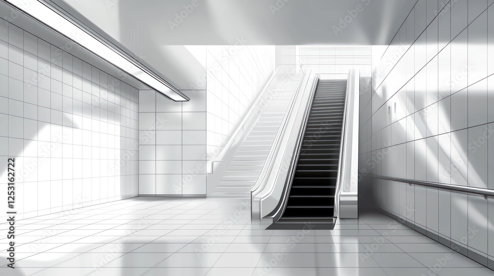 Fototapeta premium An empty white subway station with an black escalator leading up to the light, high-resolution, high-quality, photorealistic vector design