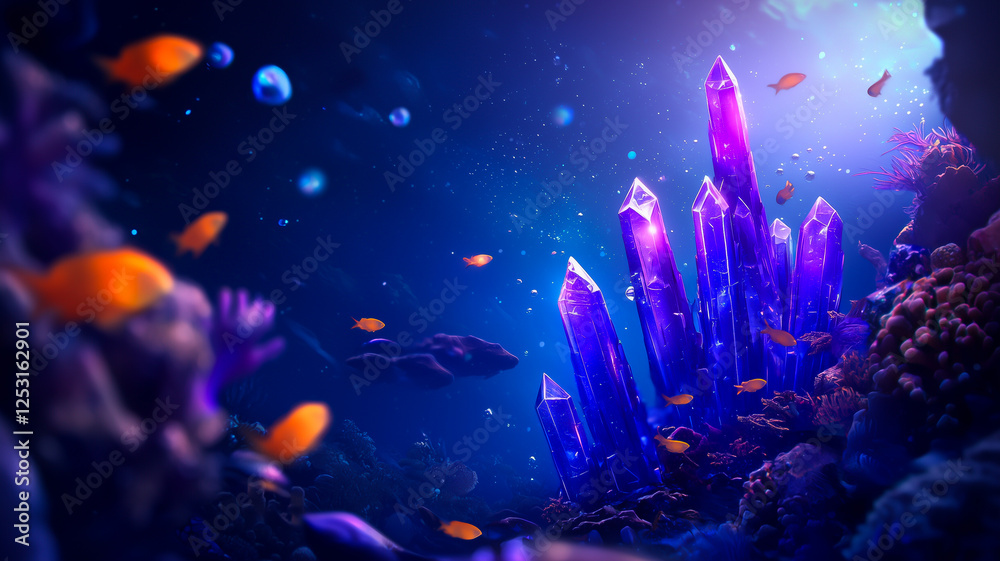 Glowing Crystalline City Emerges From the Ocean Floor With Vibrant Fish Swimming Amidst Bioluminescent Light Orbs