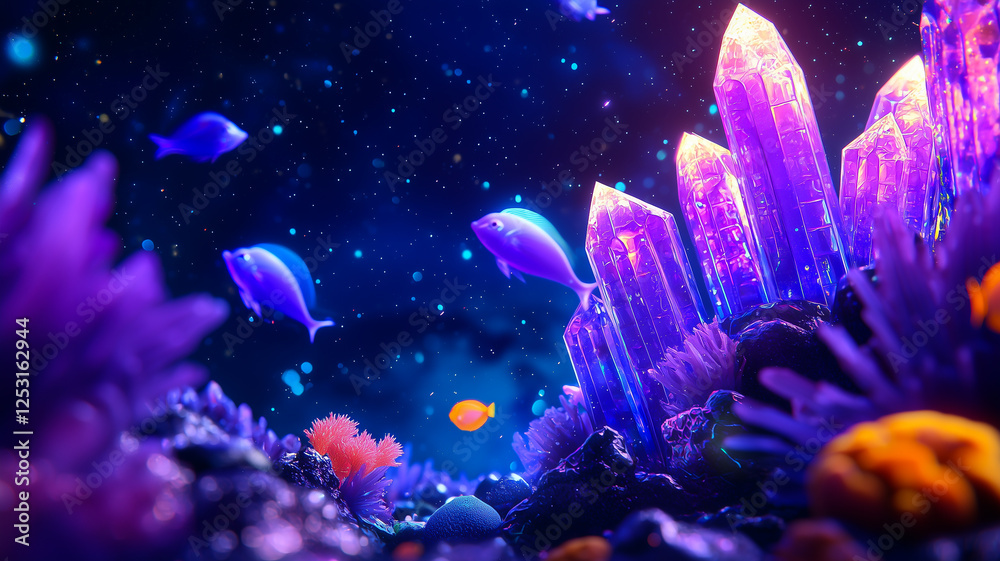 Glowing Crystalline City Rises From Ocean Floor With Vibrant Fish Swimming Among the Spires