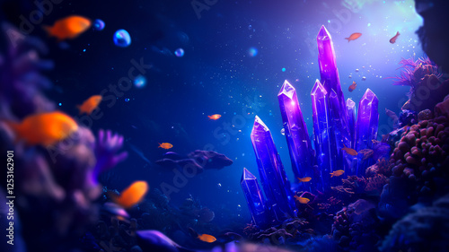 Obraz na płótnie Glowing Crystalline City Emerges From the Ocean Floor With Vibrant Fish Swimming Amidst Bioluminescent Light Orbs w salonie