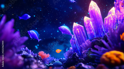 Obraz na płótnie Glowing Crystalline City Rises From Ocean Floor With Vibrant Fish Swimming Among the Spires w salonie