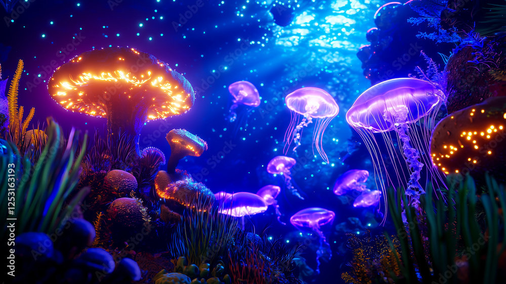Mystical Portal Reveals Vibrant Underwater World Guarded by Glowing Jellyfish and Intricate Coral Structures