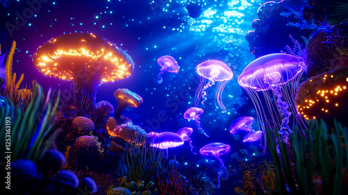 Obraz na płótnie Mystical Portal Reveals Vibrant Underwater World Guarded by Glowing Jellyfish and Intricate Coral Structures w salonie