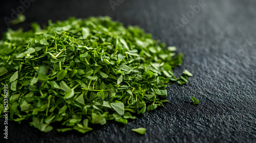 A close-up of a small pile of thyme leaves arranged on a matte black surface, showcasing their fresh green color and fine texture.