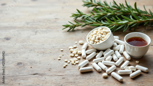 Wallpaper Mural Magnesium glycinate capsules on a wooden surface with herbs. Torontodigital.ca
