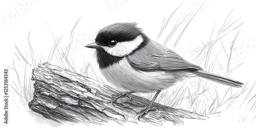 Detailed sketch of a bird on a log photo