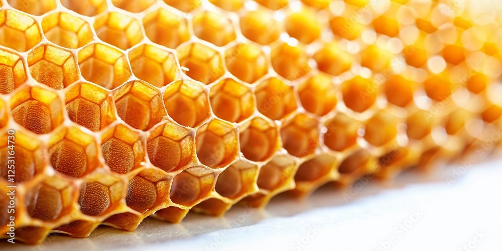 Honeycomb Texture Close-up: Detailed Hexagon Cells on White Background Honeycomb Texture Close-up: Detailed Hexagon Cells on White Background