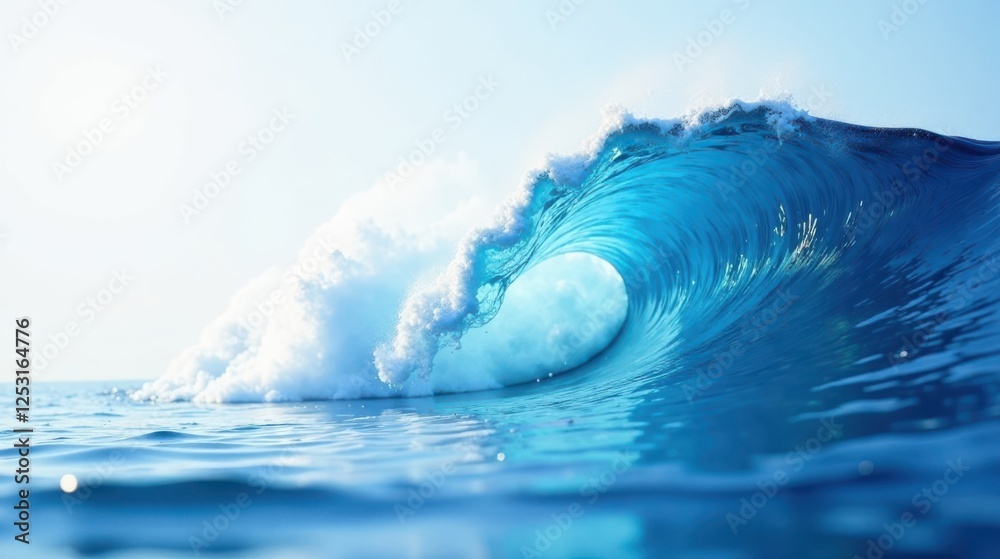 Naklejka premium A Majestic Ocean Wave Curls and Breaks, Displaying a Breathtaking Blue Hue and Whitewater Foam