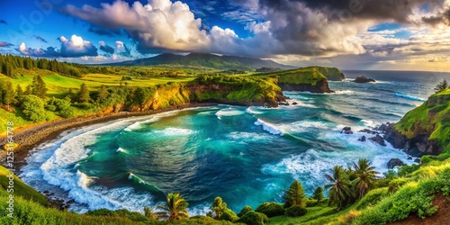 Honolua Bay Maui Hawaii: Panoramic Surfing Paradise Aerial View photo