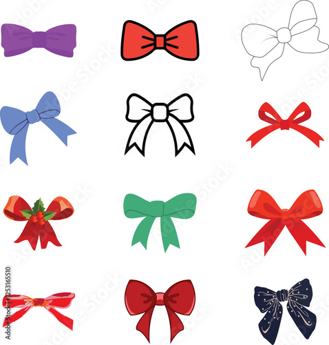 Collection of different color Bow ribbon graphic art. Fashion Tie bow accessories for Christmas, Happy New Year, and cultural program.