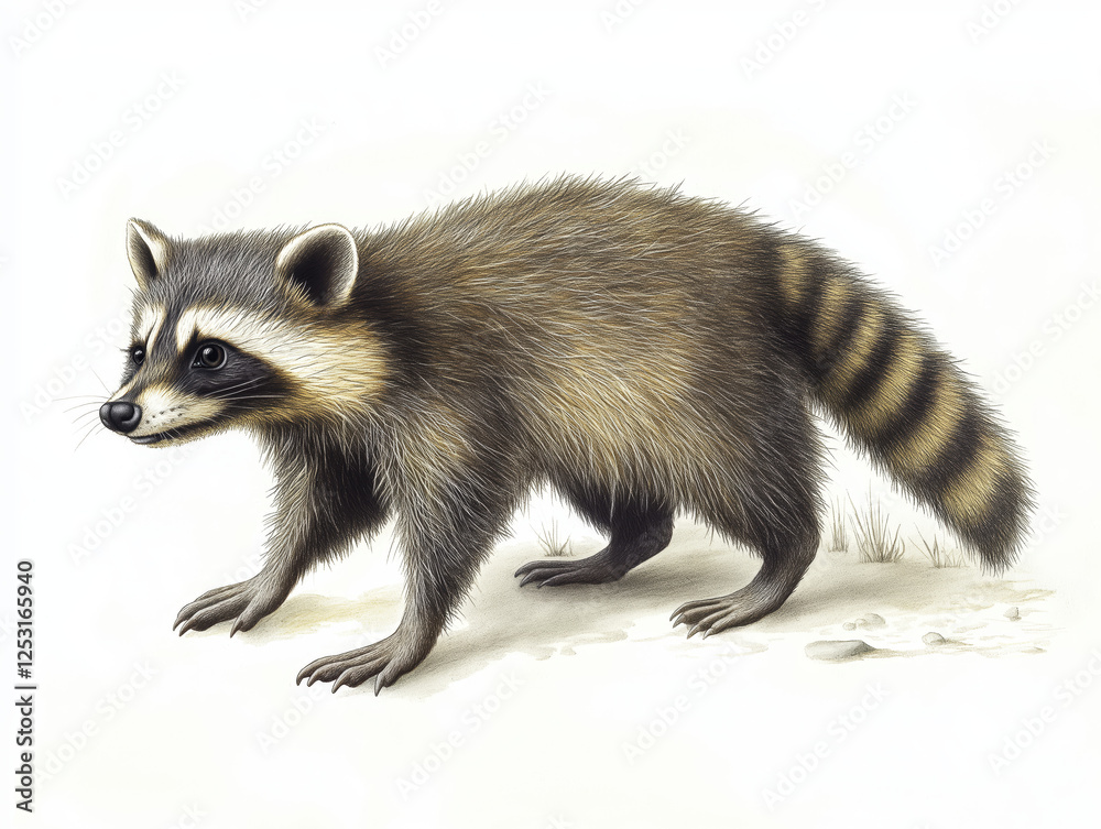 Fototapeta premium A detailed illustration of a raccoon, showcasing its fur, paws, and characteristic ringed tail.