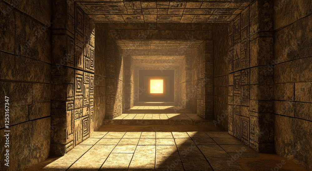 A long rectangular tunnel made of stone, illuminated by golden light at the far end, creates an inviting and mystical atmosphere