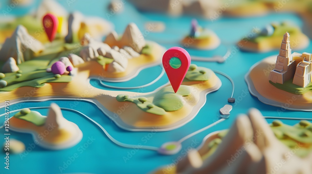 Fototapeta premium Illustrated conceptual map with navigation marker pointing at a scenic outdoor adventure destination amidst mountains forests rivers and lakes The image represents the idea of exploring