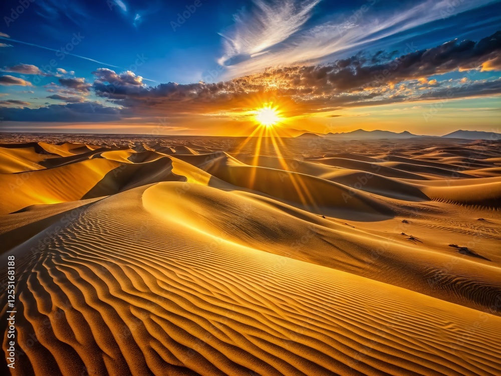 Naklejka premium Sunrise Sand Dunes: Cinematic Camera Panning Across Golden Desert Landscape