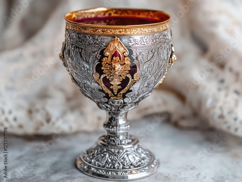 A beautifully crafted holy chalice filled with wine stands elegantly, representing the Eucharist and the essence of the Last Supper, embodying Christian faith and sacred rituals