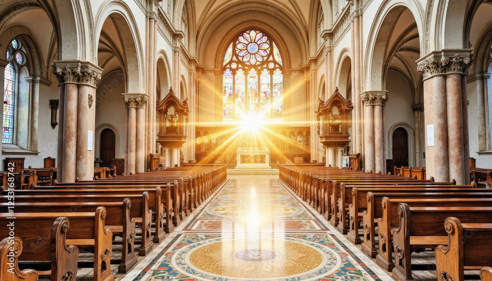 Obraz premium Sunlight streaming through colorful church windows in ornate basilica, serenity