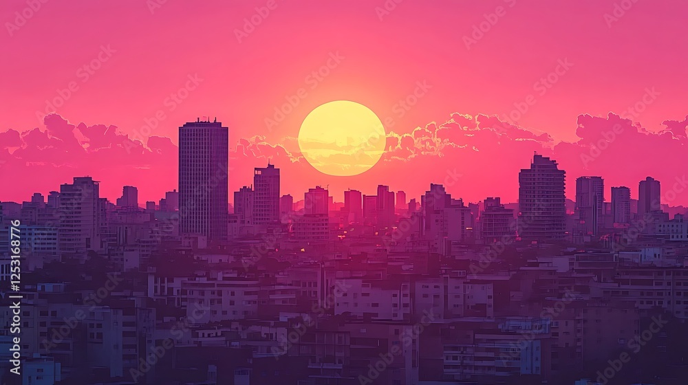 Fototapeta premium City skyline at sunset with vibrant pink sky