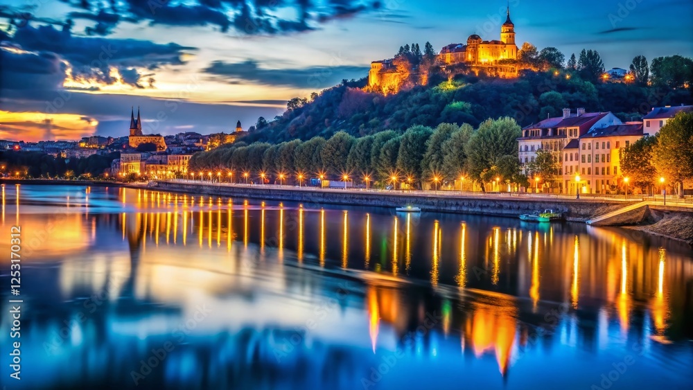 L'Île Barbe, Lyon: Long Exposure Night Photography of the Rhône River and City Lights L'Île Barbe, Lyon: Long Exposure Night Photography of the Rhône River and City Lights