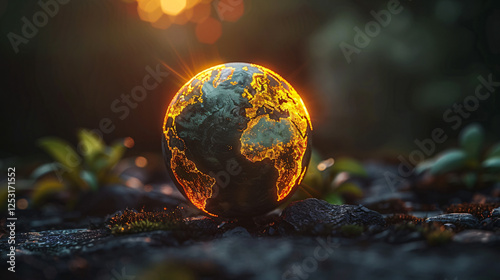 A glowing globe illuminated softly, surrounded by a subtle bokeh effect on a dark background photo