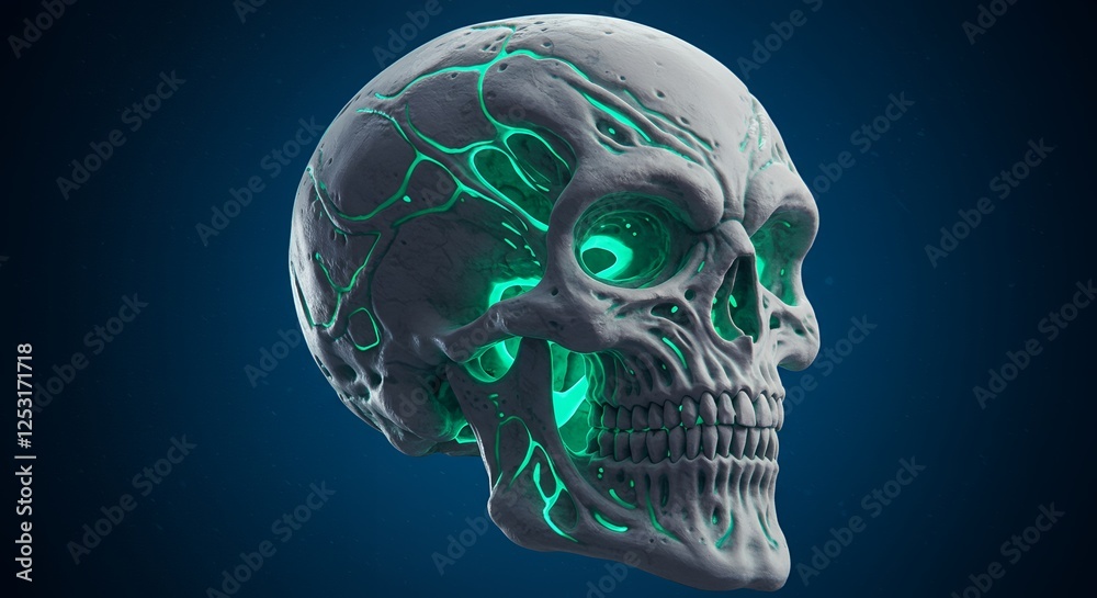 Stone skull with glowing turquoise veins against a dark background Stone skull with glowing turquoise veins against a dark background