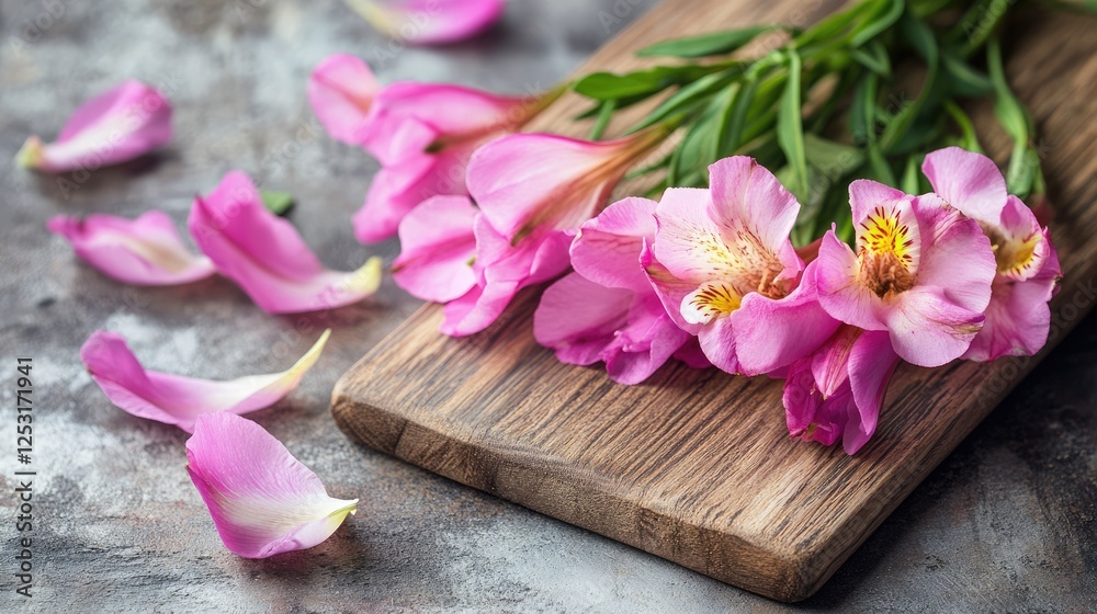 A close-up of flower stems freshly cut at a -degree angle, placed on a wooden cutting board. A close-up of flower stems freshly cut at a -degree angle, placed on a wooden cutting board.
