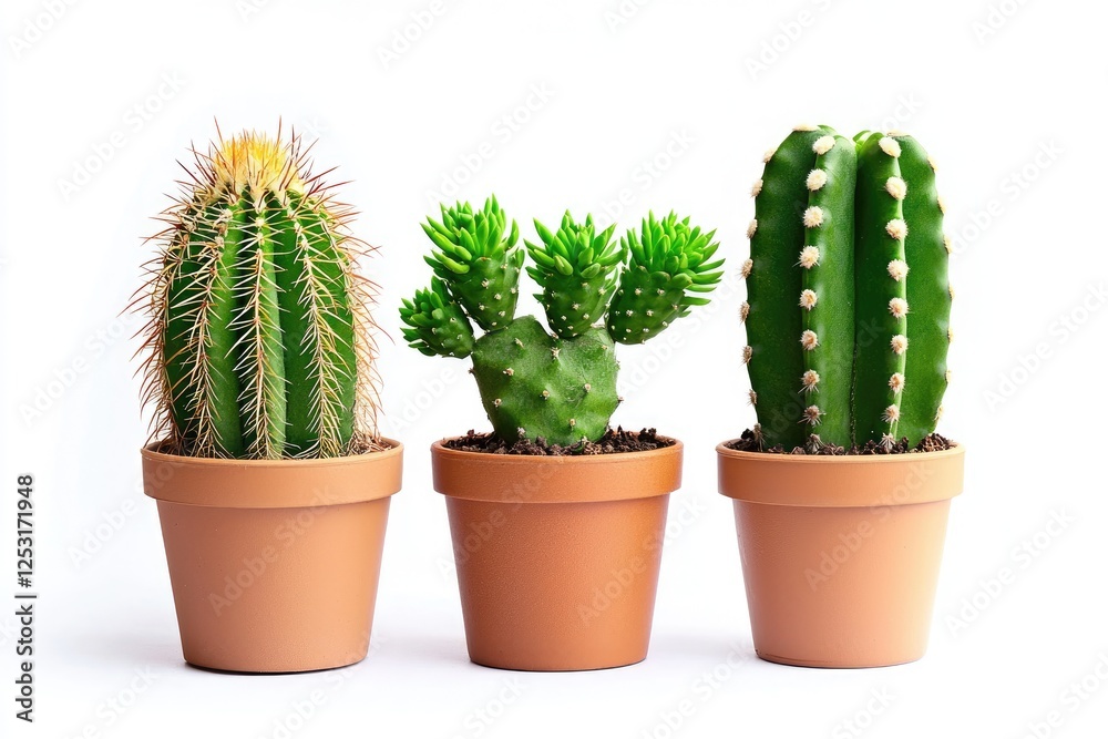 Three Distinct Cacti in Terracotta Pots Showcasing Different Shapes, Sizes, and Textures on a Clean White Background for Home or Office Decor Three Distinct Cacti in Terracotta Pots Showcasing Different Shapes, Sizes, and Textures on a Clean White Background for Home or Office Decor