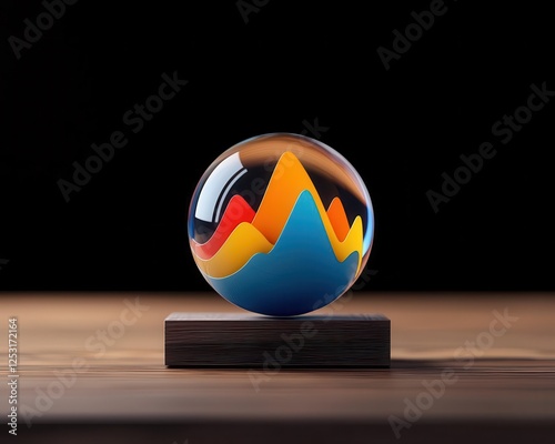 business analytics insights predictive analytics. A glowing crystal ball filled with business analytics charts and future trend indicators, symbolic of predictive insights