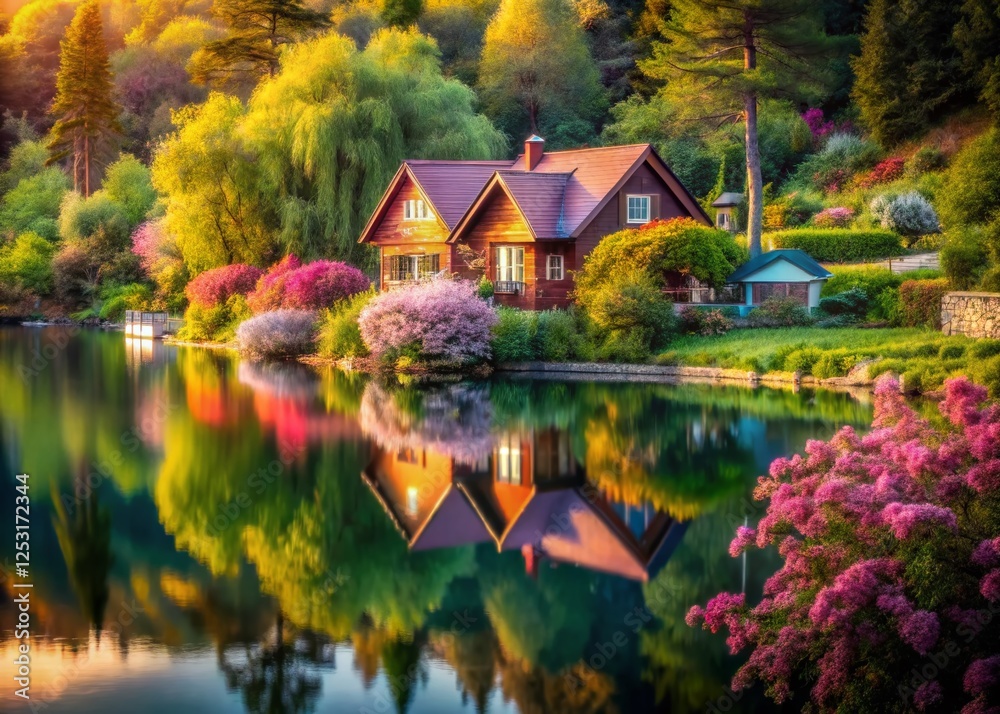 Obraz premium Surreal Flight Towards Lakeside Cottage: Dreamy Aerial Perspective