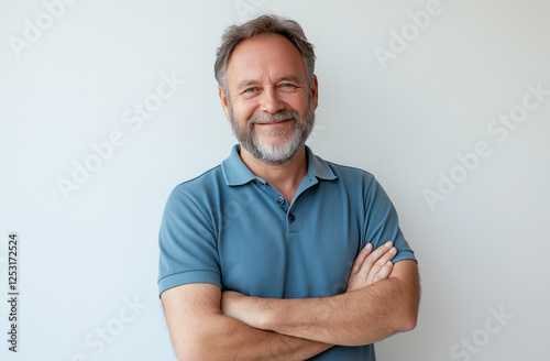Portrait of a happy, smiling bearded man wearing a blue polo shirt, standing confidently with arms crossed against a white background, exuding a friendly and approachable demeanor
