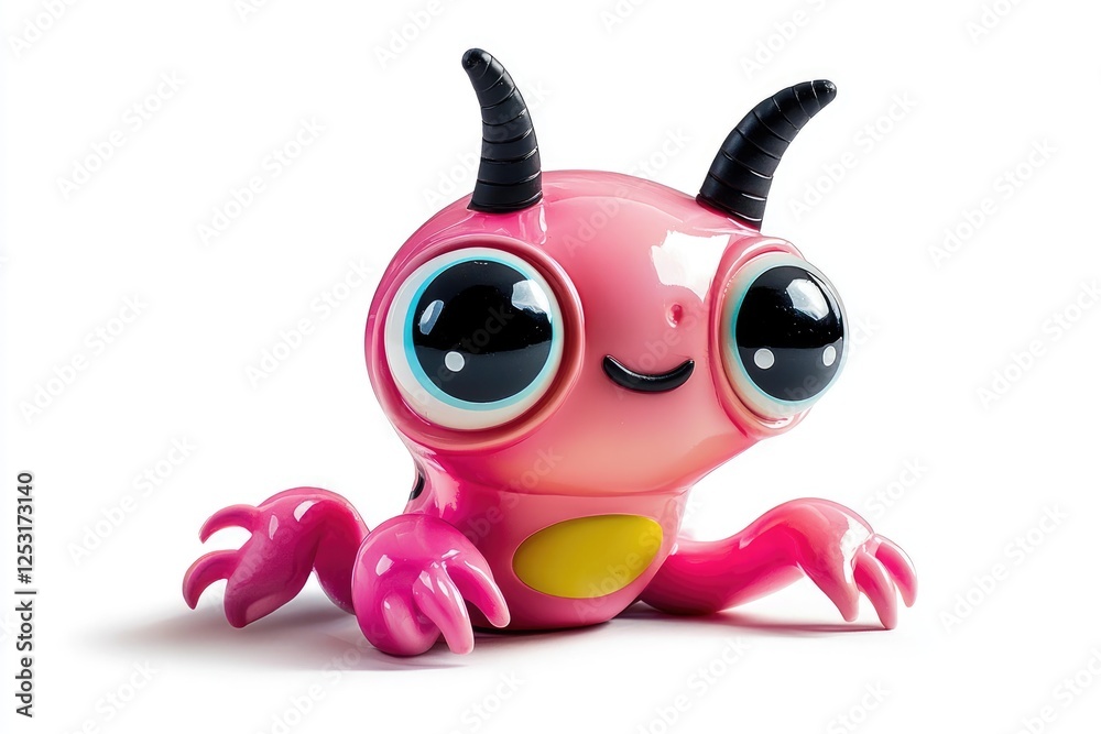 Cute and Colorful Cartoon Creature with Big Eyes and Horns, Perfect for Children's Playrooms and Animation Projects, Fun Design in Pink and Yellow Cute and Colorful Cartoon Creature with Big Eyes and Horns, Perfect for Children's Playrooms and Animation Projects, Fun Design in Pink and Yellow