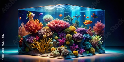 Surreal Glass Cube Aquarium Showcase: Underwater World Display photo