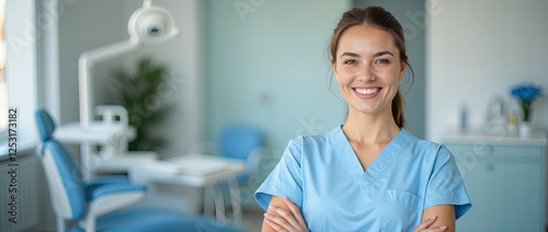 Smiling female dental professional in modern dental clinic
