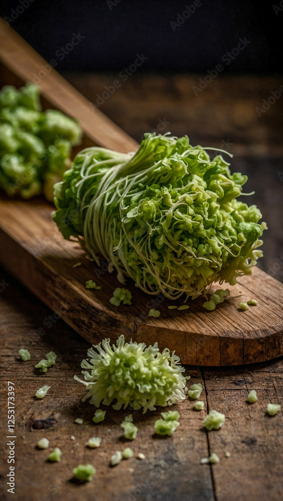 Fresh wasabi root on a wooden grater, showcasing its natural texture. Fresh wasabi root on a wooden grater, showcasing its natural texture.