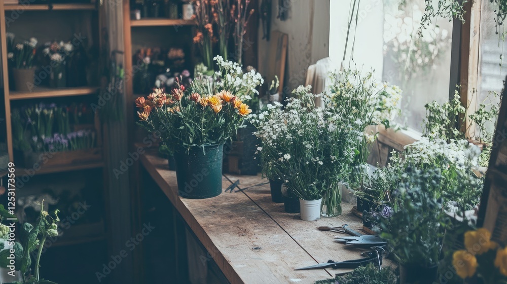 Fototapeta premium A florist's wooden workbench, covered with various flowers, trimmed stems, and cutting tools.