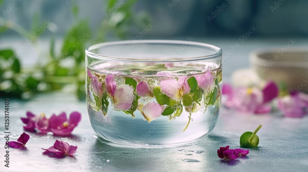 A glass container filled with water and multiple freshly cut flower stems, soaking before arrangement. A glass container filled with water and multiple freshly cut flower stems, soaking before arrangement.