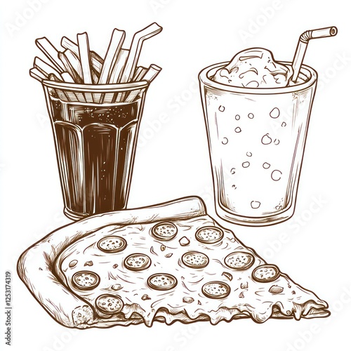 Hand-drawn illustration of pizza, fries, and milkshake. Possible use for menu design or food poster photo