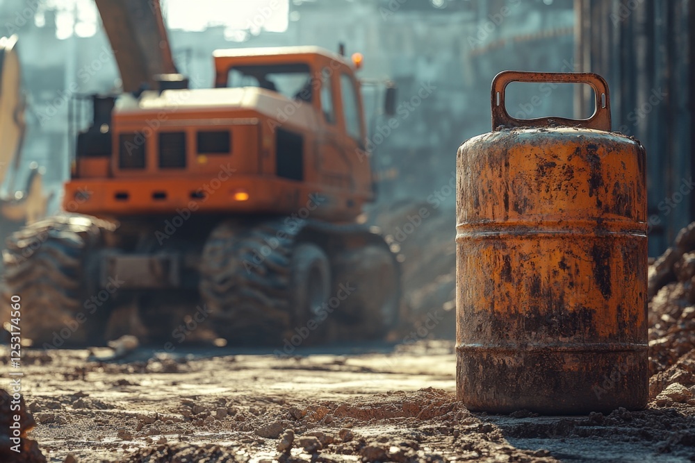 Rusty Propane Tank at Construction Site Heavy Machinery in Background Rusty Propane Tank at Construction Site Heavy Machinery in Background