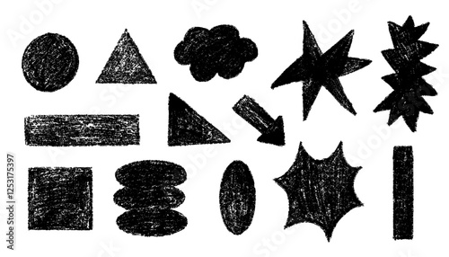 Set of chalk geometric basic shapes. Hand drawn pencil texture figure. Elements black sketch in the hand drawn style.
