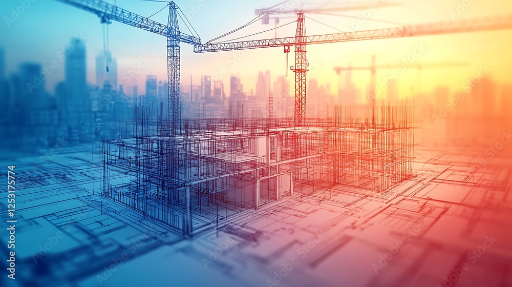 Fototapeta premium Architectural Blueprint with 3D Building Model, A detailed and realistic illustration of an architecture