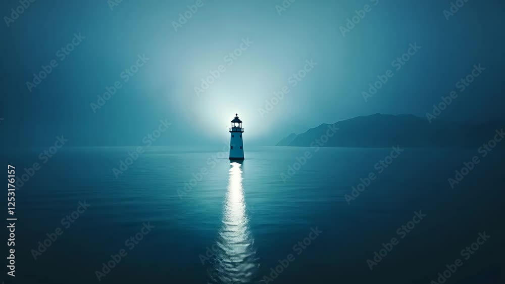 Lighthouse in the misty night, white and dark blue color gradient, calm sea, long exposure, vintage style, digital art, wide angle, distant view, isolated on background.