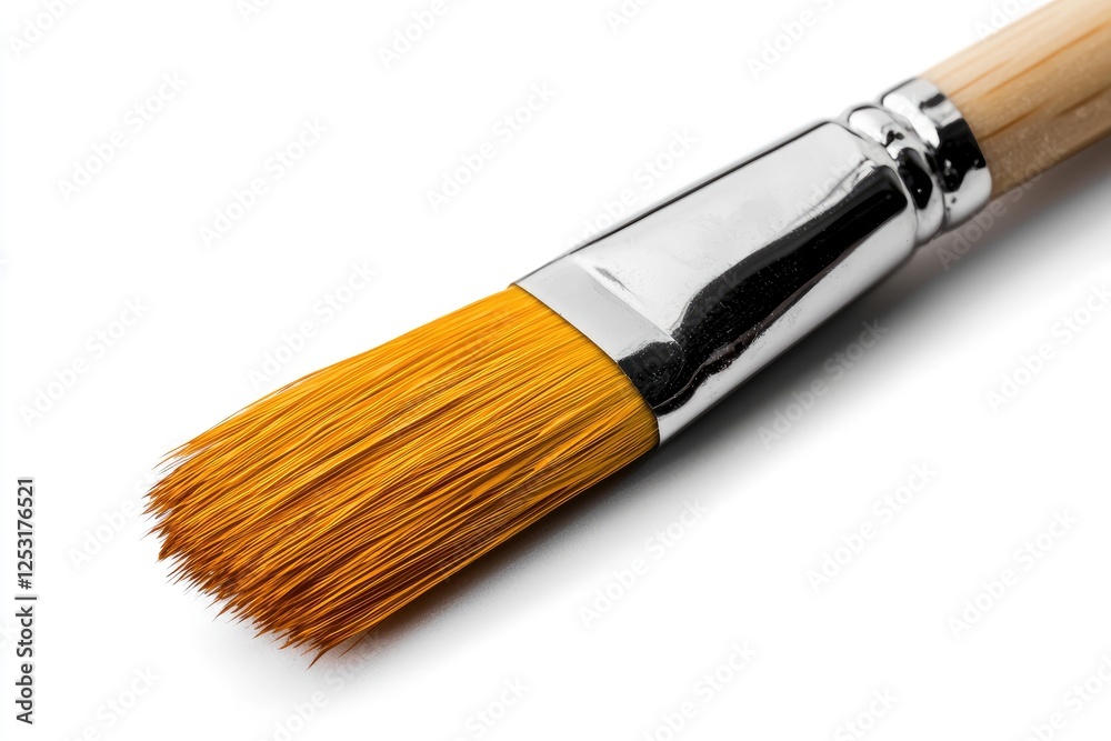 Close-Up View of an Artist Paint Brush with Bright Yellow Bristles on a White Background for Creative Projects and Artistic Expressions Close-Up View of an Artist Paint Brush with Bright Yellow Bristles on a White Background for Creative Projects and Artistic Expressions