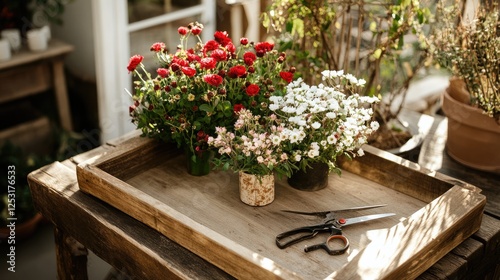 Wallpaper Mural A rustic workspace with a wooden tray holding trimmed flower stems and sharp garden shears. Torontodigital.ca